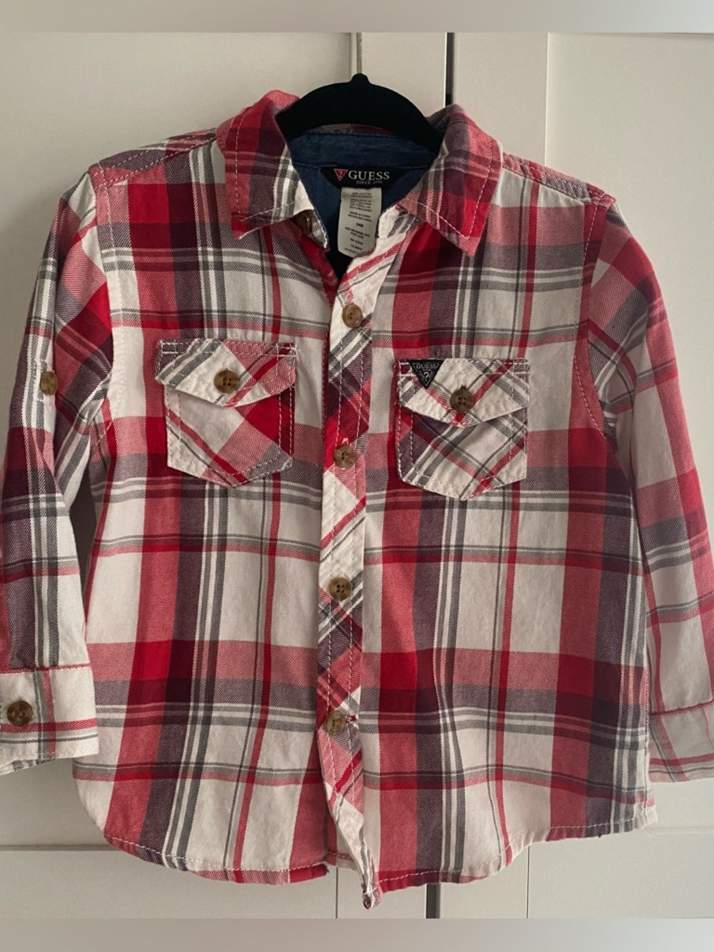 2/$20 GUESS Red and White Plaid Button-Down Shirt